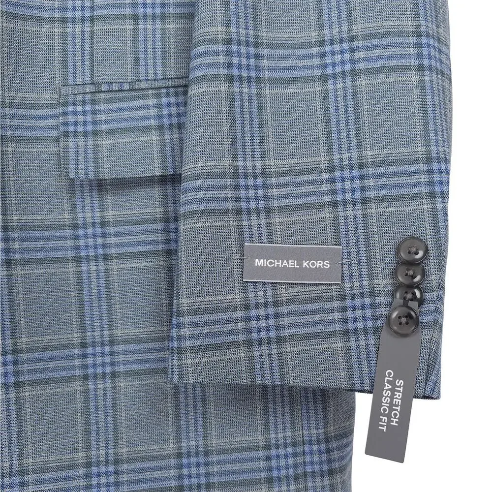 Michael Kors Mens Classic Fit Sport Coat 42L Blue Green Seafoam Plaid Stretch